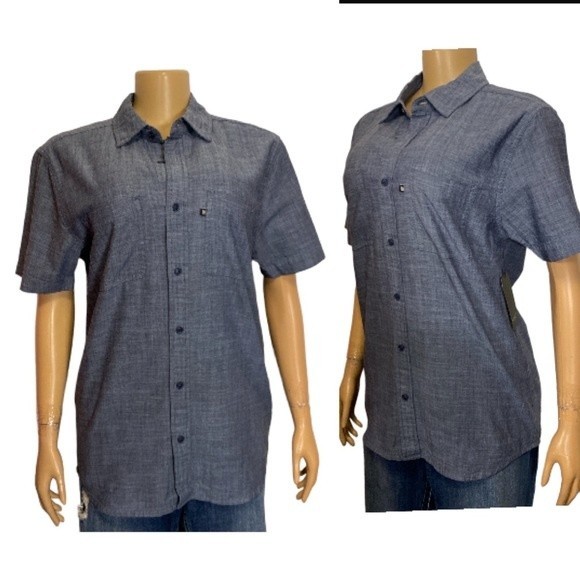 JUNK FOOD Hughes Button Up Shirt Short Sleeve heathery look Blue size Small - Picture 10 of 11